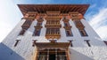 The main tower for prayer with asian art window and roof at Paro Dzong, Bhutan Royalty Free Stock Photo