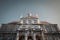 tower of the stadhuis maastricht, the Maastricht city hall, during a sunny afternoon sunset with blue sky. It\'s one of the Royalty Free Stock Photo