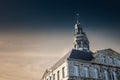 Tower of the stadhuis maastricht, the Maastricht city hall, during a sunny afternoon sunset with blue sky. It\'s one of the Royalty Free Stock Photo