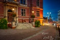 The Main Town of Gdansk with the City Hall and a Main Railway Station at dusk, Poland Royalty Free Stock Photo