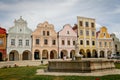 Main town square Zachariase z Hradce with renaissance and baroque colorful historical buildings and fountain, Romantic houses with