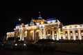 Main train station of Odessa at night, front view