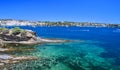 Main view of Cadaques bay and village, from `Sa Conca rocks`, Costa Brava, Mediterranean Sea, Catalonia, Spain