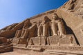 The main view of an Entrance to the Great Temple at Abu Simbel with Ancient Colossal statues of Ramesses II Royalty Free Stock Photo