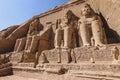 The main view of an Entrance to the Great Temple at Abu Simbel with Ancient Colossal statues of Ramesses II Royalty Free Stock Photo