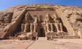 The main view of an Entrance to the Great Temple at Abu Simbel with Ancient Colossal statues of Ramesses II Royalty Free Stock Photo