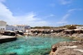 Main view of Es Calo fishermen bay, with white village houses on background, Formentera, Balearic Islands, Spain Royalty Free Stock Photo