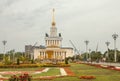 Main view of Fountain of friendship of people and pavilion number 1 at exhibition centre VDNH in Moscow.