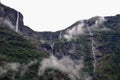 Main view of Kjelfossen Waterfalls seen from Gudvangen village, Sogn og Fjordane, Norway