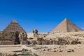 Main View to the Great Sphinx of Giza, is a giant limestone statue with the Great Pyramid in Background in Giza Royalty Free Stock Photo