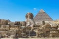 Main View to the Great Sphinx of Giza with the Great Pyramid in Background in Giza, Egypt Royalty Free Stock Photo