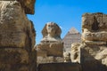 Main View to the Great Sphinx of Giza with the Great Pyramid in Background in Giza, Egypt Royalty Free Stock Photo