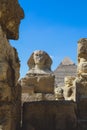 Main View to the Great Sphinx of Giza with the Great Pyramid in Background in Giza, Egypt Royalty Free Stock Photo