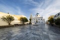 Main white blue orthodox church of Panagia Platsani, in the village of Oia Royalty Free Stock Photo