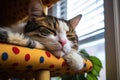 a maine cat snoozing on a cat tree with a polka-dotted sleeping mask