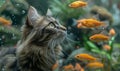 Maine coon cat looks at golden fish. Surprise, mystery, riddle illustration
