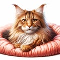 A Maine Coon cat lying in a cozy pink cushion