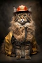Brave Maine Coon Firefighter Cat in Full Gear Poses for Photo