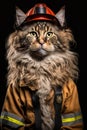 Brave and Adorable Maine Coon Cat Poses as Firefighter with Red Helmet and Yellow Jacket
