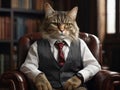 Maine Coon cat in suit and tie sitting in armchair