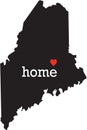 Maine home state - black state map with Home written in white serif text with a red heart. Isolated on white background