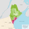 Maine state counties colored by congressional districts vector map with neighbouring states and terrotories