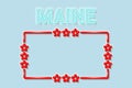 Maine US state soft blue neon letters lights off. Glossy red frame with stars. Vector illustration Royalty Free Stock Photo