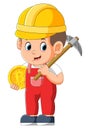 The mainer is holding the pick axe and holding the golden bitcoin Royalty Free Stock Photo