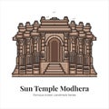 Sun Temple Modhera Indian Famous Iconic Landmark Cartoon Line Art Illustration