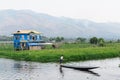 Maing Thauk, Myanmar - April 2019: traditional Burmese floating house on water in Inle lake