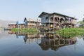 Maing Thauk, Myanmar - April 2019: traditional Burmese floating house on water in Inle lake Royalty Free Stock Photo