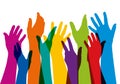 Cohesion symbol with many raised hands of different colors