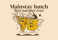 Mainstay lunch, best partner ever. Mascot character of a coffee mug and a slice pizza