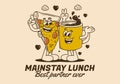 Mainstay lunch, best partner ever. Mascot character of a coffee mug and a slice pizza