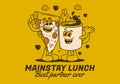 Mainstay lunch, best partner ever. Mascot character of a coffee mug and a slice pizza