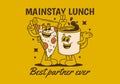 Mainstay lunch, best partner ever. Mascot character of a coffee mug and a slice pizza