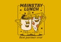 Mainstay lunch, best partner ever. Mascot character of a coffee mug and a slice pizza