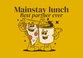Mainstay lunch, best partner ever. Mascot character of a coffee mug and a slice pizza