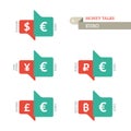 Mainstream Euro Dollar Yen Yuan Bitcoin Ruble Pound currency symbols on up and down sign Royalty Free Stock Photo