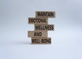 Wellness and Well-being symbol. Wooden blocks with words Maintain emotional Wellness and Well-being. Beautiful white background. Royalty Free Stock Photo