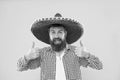 Maintain tradition. Mexican guy festive outfit ready to celebrate. Man bearded cheerful guy wear sombrero mexican hat