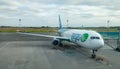 Maintainance unit preparing The Airbus boeing of pegas fly company for flight on International Russian Airport. Plane for 615