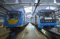 The maintenance hall: subway trains parked on pits for technical inspection