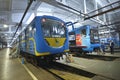 At the maintenance hall: subway trains parked on pits for technical inspection. Subway car shed Royalty Free Stock Photo