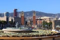 Maintenance/repair of the fountain Manzhuik. View of the Venetian towers in the Plaza de EspaÃÂ±a in Barcelona