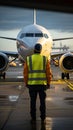 Maintenance supervisor approaches parked airliner on landing field, viewed from behind.