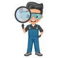Maintenance technician looking through a magnifying glass. Concept of study and research. Handyman with personal protective Royalty Free Stock Photo
