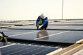 Maintenance technicians installing solar panels at solar cell farm Royalty Free Stock Photo