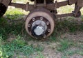 Maintenance a truck wheels hub and bearing. Dirty heavy truck drum brakes maintenance, old used brake drum with wheel pins. Rusty