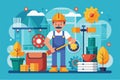 A maintenance worker is engaged in various tasks in a vibrant workshop filled with tools and plants, flat illustration maintenance Royalty Free Stock Photo